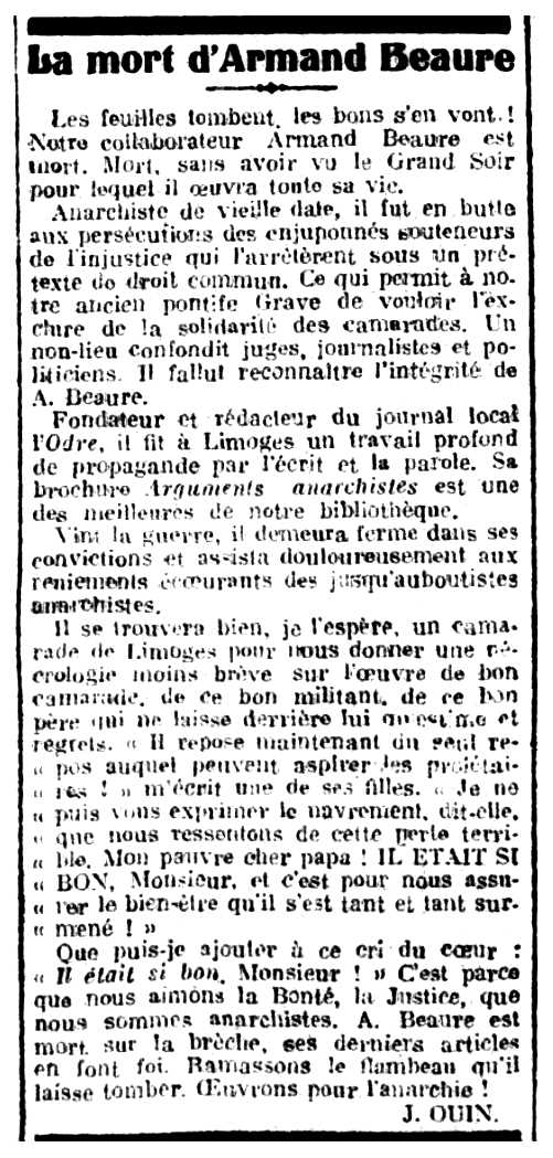 Necrològica d'Armand Beaure publicada en el periòdic parisenc "Le Libertaire" del 2 de novembre de 1919