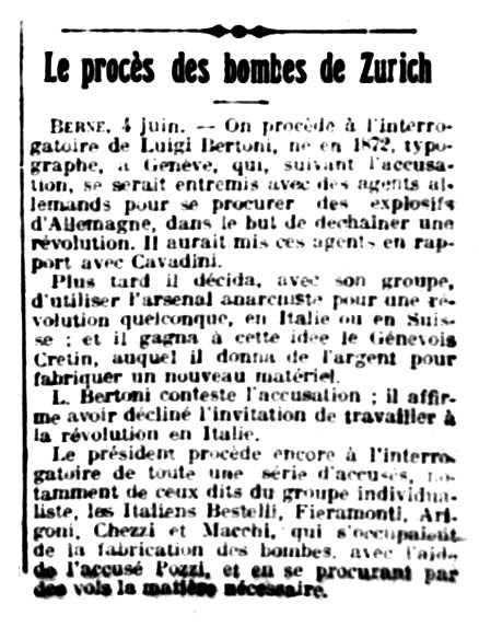 Notícia sobre el judicia a Luigi Bertoni apareguda en el diari parisenc "La Libeté" del 5 de juny de 1919