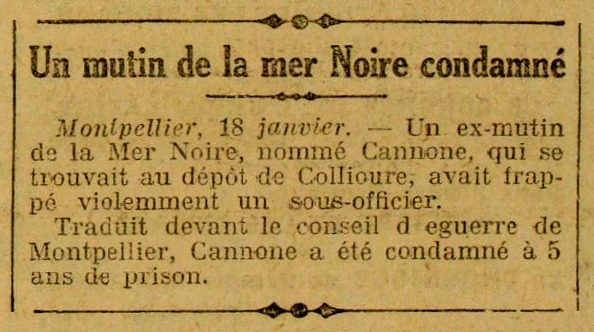 Not&iacute;cia de la condemna d'Alphonse Sauveur Cannone apareguda en el diari parisenc "L'Oeuvre" del 19 de gener de 1922