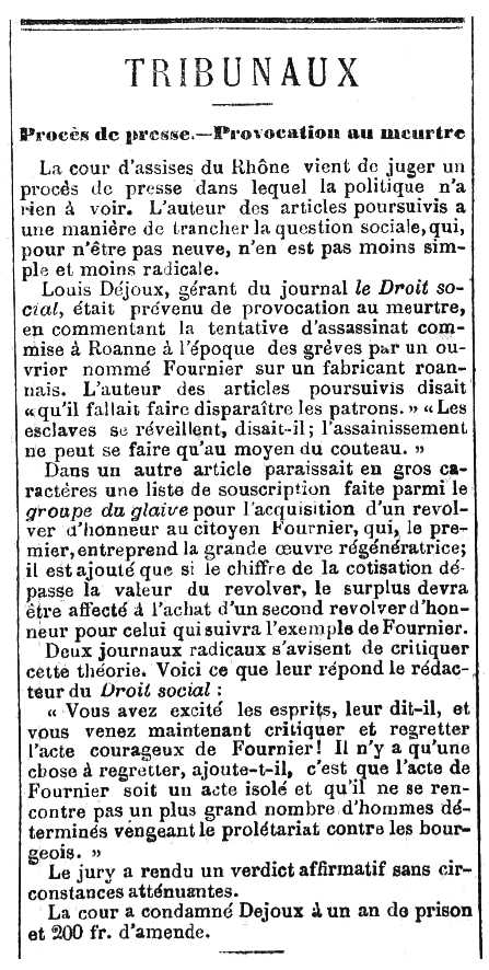 Notícia de la condemna de Louis Déjoux apareguda en el diari parisenc "La Liberté" del 9 de maig de 1882