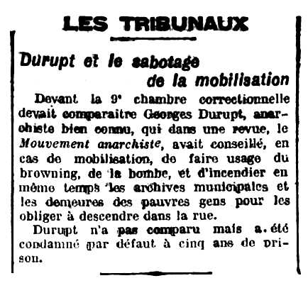 Notícia d'una de les detencions de Georges Durupt apareguda en el diari d'Issy-les-Moulineaux "Le Démocratie" del 20 de febrer de 1913