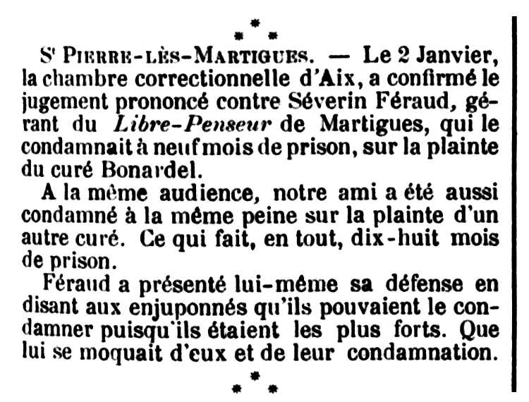 Notícia de la condemna de Séverin Féraud publicada en el diari parisenc "Le Révolté" del 18 de gener de 1885
