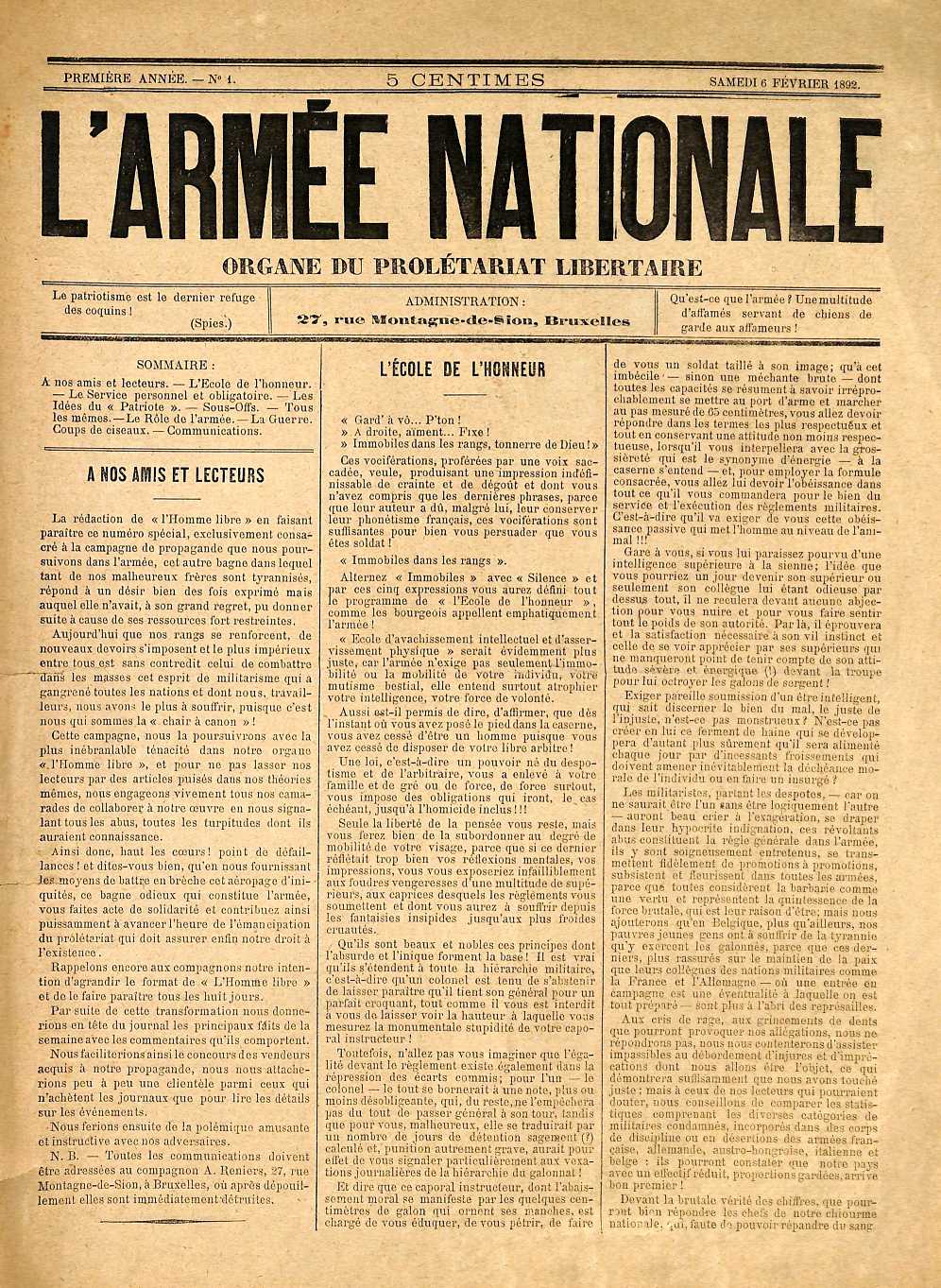 Portada del primer, i únic, número de "L'Armée Nationale"