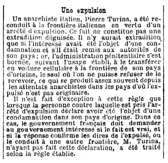 Notícia de l'expulsió de Pietro Turina apareguda en el periòdic parisenc "Le Radical" del 16 de maig de 1895