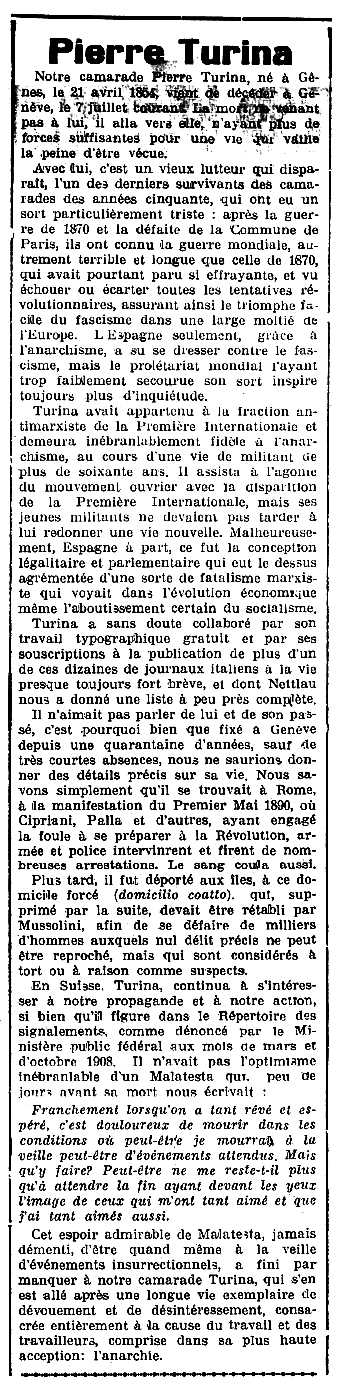 Necrològica de Pietro Turina publicada en el periòdic ginebrí "Le Réveil Anarchiste" del 24 de juliol de 1937