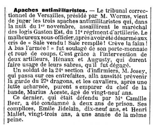 Not&iacute;cia de la condemna de Marius Aceste apareguda en el diari parisenc "Le Temps" del 6 de gener de 1913