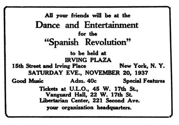 Propaganda de l'acte publicada en el periòdic novaiorquès "Spanish Revolution" del 8 de novembre de 1937
