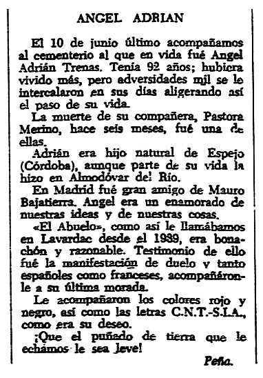 Necrològica d'Ángel Adrián Trenas apareguda en el periòdic tolosà "CNT" del 13 de juliol de 1958
