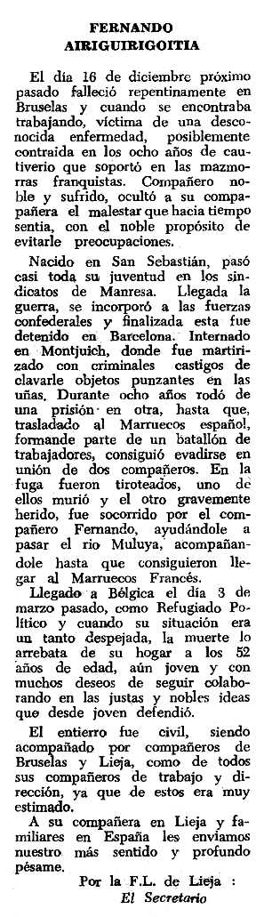 Necrol&ograve;gica de Fernando Airiguirigoitia Irguirigoyen apareguda en el peri&ograve;dic tolos&agrave; "Espoir" del 20 de mar&ccedil; de 1966
