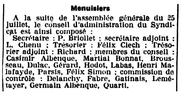 Not&iacute;cia sobre el nomenament de Casimir Albenque al consell d'administraci&oacute; del Sindicat de Fusters apareguda en el diari parisenc "Le Populaire" del 9 d'agost de 1919