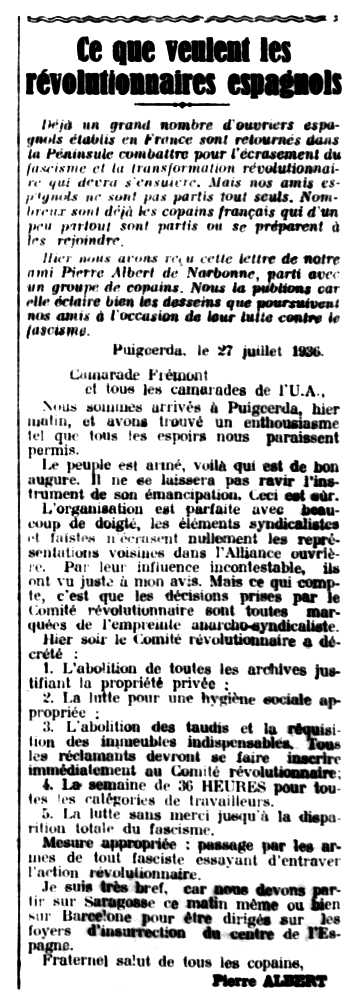 Carta enviada per Pierre Albert a "Le Libertaire" de París publicada el 31 de juliol de 1936