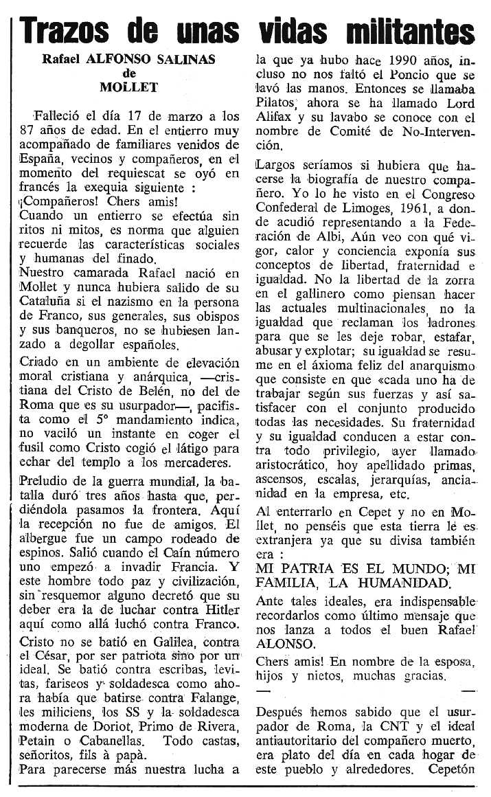 Necrològica de Rafael Alfonso Salinas apareguda en el periòdic tolosà "Cenit" del 17 d'abril de 1990
