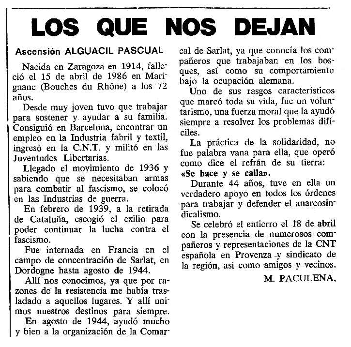 Necrològica d'Ascensión Alguacil Bernal apareguda en el periòdic tolosà "Cenit" del 24 de juny de 1986