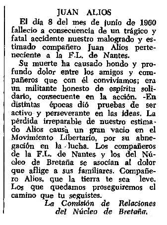 Necrològia de Juan Alios apareguda en el periòdic tolosà "CNT" del 10 de juliol de 1960