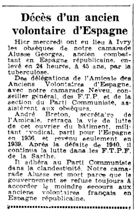 Necrològica de Georges Alusse publicada en el diari comunista parisenc "L'Humanité" del 6 de gener de 1949