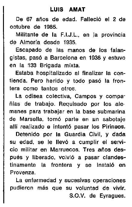 Necrològica de Luis Amat Picón apareguda en el periòdic tolosà "Cenit" de l'11 de febrer de 1986