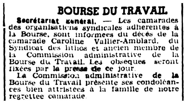 Nota necrològica de Caroline Amblard apareguda en el diari marsellès "Le Petit Provençal" del 5 de juliol de 1939