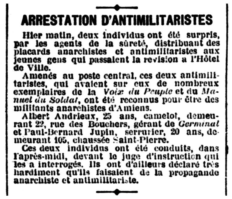 Notícia d'una detenció d'Albert Andrieux publicada pel diari d'Amiens "Le Progrés de la Somme" del 21 de març de 1909