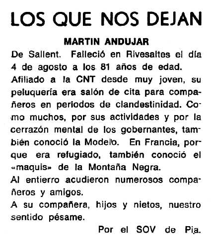 Necrol&ograve;gica de Mart&iacute;n And&uacute;jar L&oacute;pez apareguda en el peri&ograve;dic tolosa "Cenit" del 4 de novembre de 1986