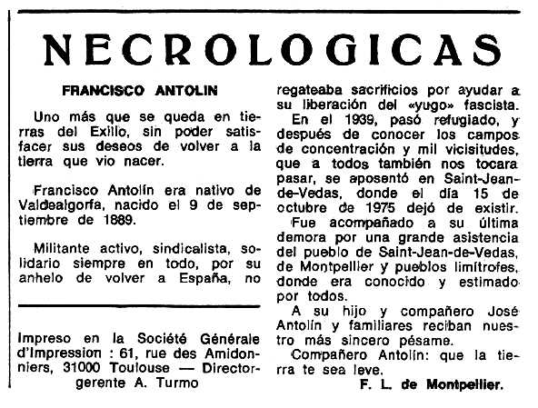 Necrològica de Francisco Antolín Saura apareguda en el periòdic tolosà "Espoir" del 18 de gener de 1976