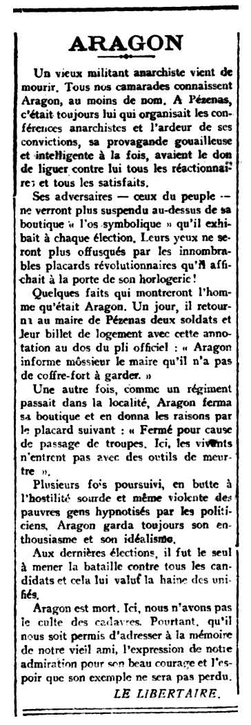 Necrològica d'Édouard Aragon apareguda en el periòdic parisenc "Le Libertaire" del 20 de setembre de 1913