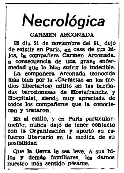 Necrològica de Carme Aguilar Gimeno apareguda en el periòdic parisenc "Le Combat Syndicaliste" del 25 de gener de 1962