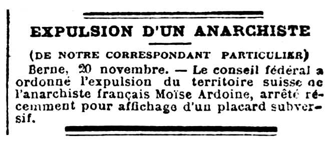 Notícia de l'expulsió de Moïse Ardaine apareguda en el diari parisenc "Le XIXe Siècle" del 22 de novembre de 1890
