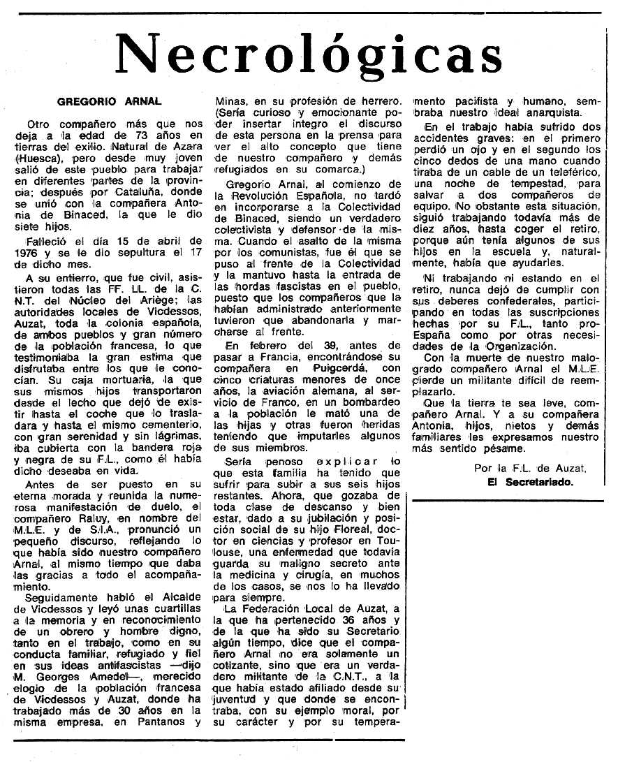 Necrològica de Gregorio Arnal Barón publicada en el periòdic tolosà "Espoir" del 6 de febrer de 1977