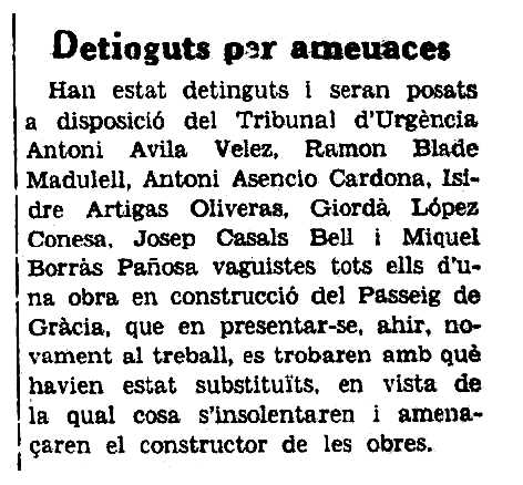 Notícia d'una de les detencions d'Isidro Artigas Oliveros i altres companys publicada en el periòdic barceloní "L'Opinió" del 14 de desembre de 1933