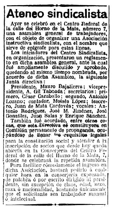 Notícia de la creació de l'Ateneu Sindicalista apareguda en el diari madrileny "El País" del 20 de novembre de 1911
