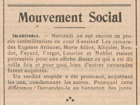 Notícia del processament d'Eugénie Attinost publicat en el periòdic parisenc "Les Temps Nouveaux" del 3 de juny de 1911