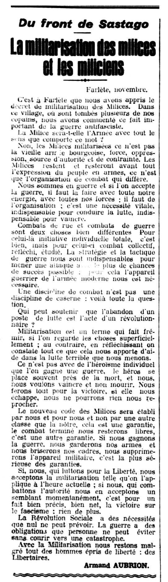 Article d'Armand Aubrion aparegut en el periòdic parisenc "Le Libertaire" del 27 de novembre de 1936