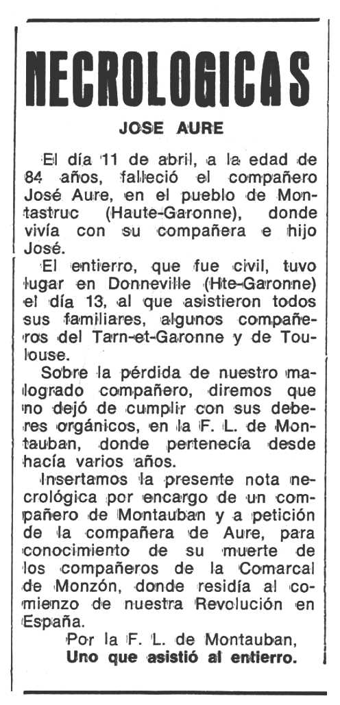 Necrol&ograve;gica de Jos&eacute; Aure apareguda en el peri&ograve;dic tolos&agrave; "Espoir" del 17 de juliol de 1977
