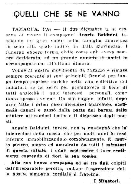 Necrològica d'Angelo Balduini apareguda en el periòdic novaiorquès "L'Anunata dei Reffratari" del 19 de desembre de 1942