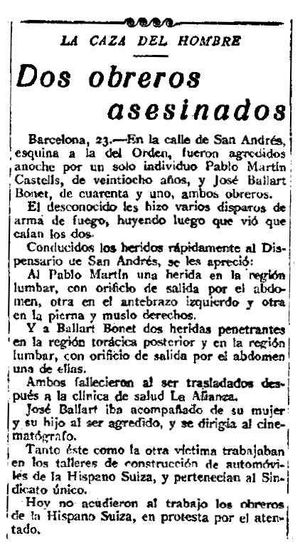 Notícia de l'assassinat de Josep Ballart Bonet publicada en el diari madrileny "La Libertad" del 24 d'abril de 1923