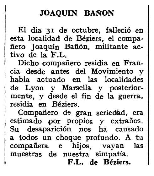 Necrològica de Joaquín Bañón Martínez apareguda en el periòdic tolosà "Espoir" del 29 de desembre de 1963