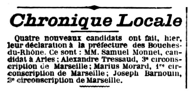 Notícia sobre la candidatura de Joseph Barnouin apareguda en el diari marsellès "Le Petit Marsellais" del 15 de setembre de 1889
