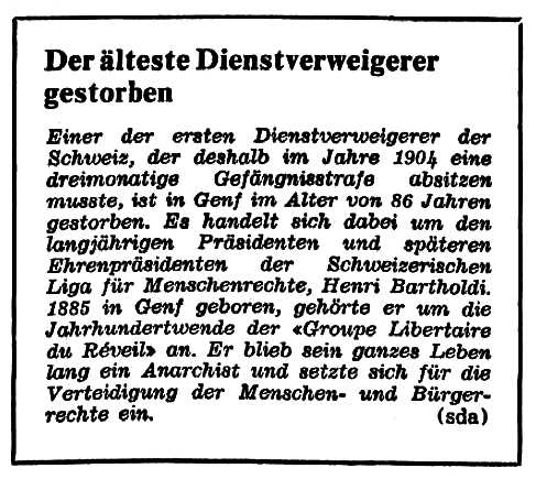Nota necrol&ograve;gica d'Henri Bartholdi apareguda en el diari de Zuric "Die Tat" del 7 de gener de 1972