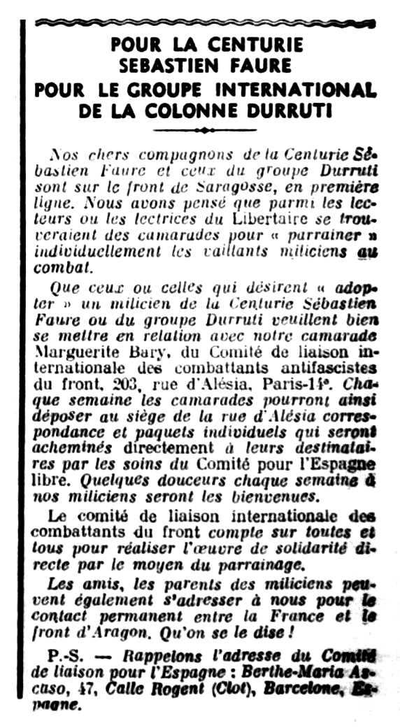 Notícia orgànica de Marguerite Bary apareguda en el periòdic parisenc "Le Libertaire" del 27 de novembre de 1936