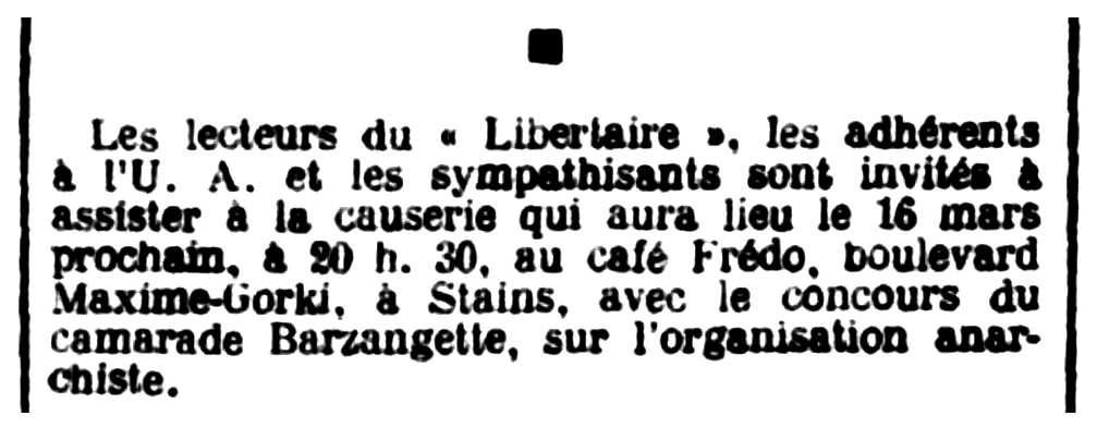 Convocatòria d'una conferència d'André Barzangette publicada en el periòdic parisenc "Le Libertaire" del 9 de març de 1939
