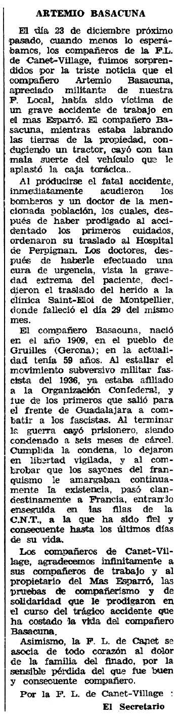 Necrològica d'Artemi Basacoma Pons apareguda en el periòdic tolosà "Espoir" del 23 de febrer de 1969