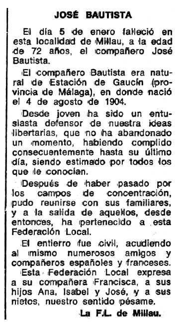 Necrol&ograve;gica de Jos&eacute; Bautista Mar&iacute;n apareguda en el peri&ograve;dic "Espoir" del 6 de mar&ccedil; de 1977
