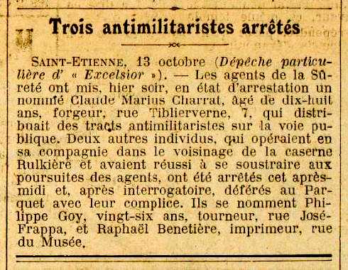 Notícia de la detenció de Raphaël Bénetière aparareguda en el diari parisenc "Excelsior" del 14 d'octubre de 1913