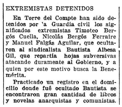 Not&iacute;cia de la detenci&oacute; de Nicol&aacute;s Berg&oacute;s Ferrero apareguda en el diari saragoss&agrave; "La Voz de Arag&oacute;n" del 27 de setembre de 1935