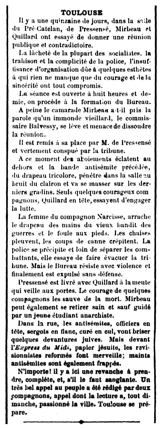 Notícia sobre Anna Bernadou apareguda en el periòdic parisenc "Le Libertaire" del 8 de gener de 1899