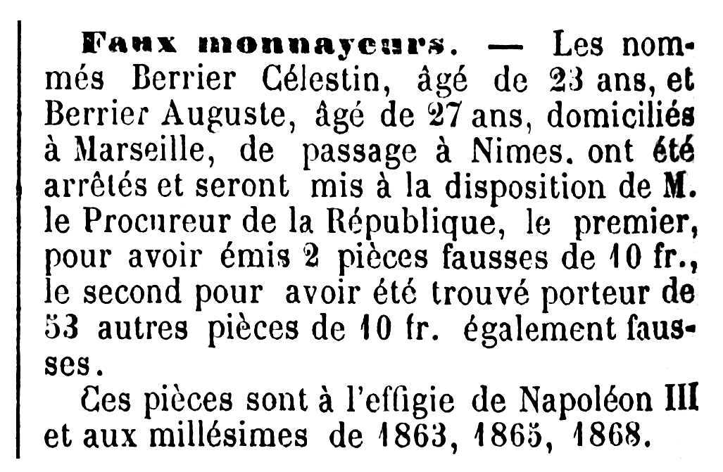 Notícia del processament d'Auguste Berrier apareguda en el diari de Nimes "Le Petit Républicain du Midi" del 12 de febrer de 1902