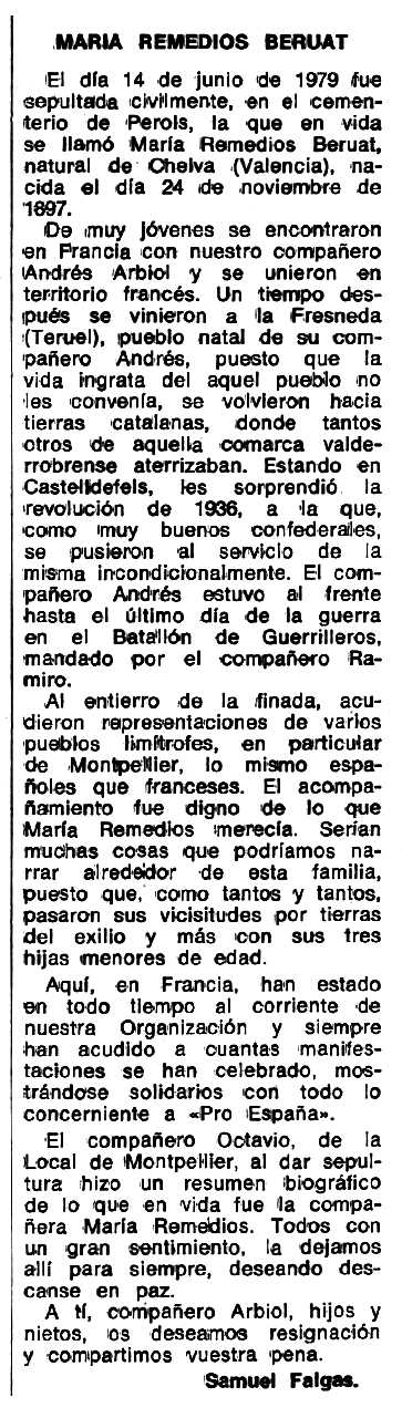 Not&iacute;cia necrol&ograve;gica de Mar&iacute;a Remedios Bernat Brune apareguda en el peri&ograve;dic tolos&agrave; "Espoir" del 23 de juliol de 1979