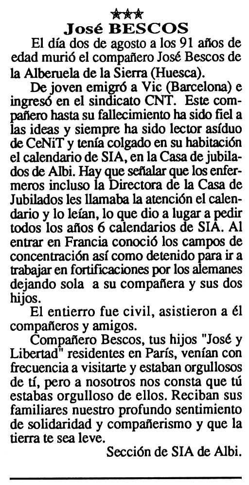Necrològica de José Bescós apareguda en el periòdic tolosà "Cenit" del 8 de setembre de 1992