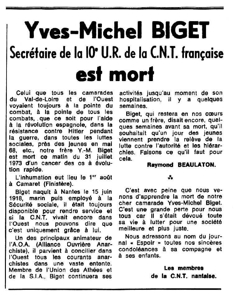 Necrològica d'Yves-Michel Biget apareguda en el periòdic tolosà "Espoir" del 9 de setembre de 1973