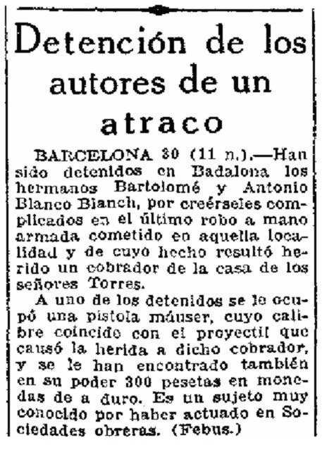 Notícia de la detenció dels germans Blanco Blanc apareguda en el diari madrileny "El Sol" de l'1 d'octubre de 1926